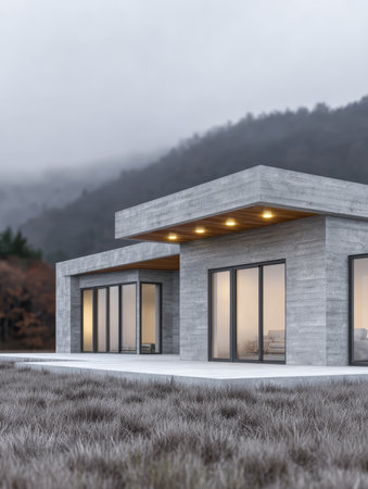 A sleek concrete house stands in a serene setting, with large windows reflecting the soft light of dusk. Mountains loom in the background, partially covered in fog, creating a tranquil atmosphere.の素材