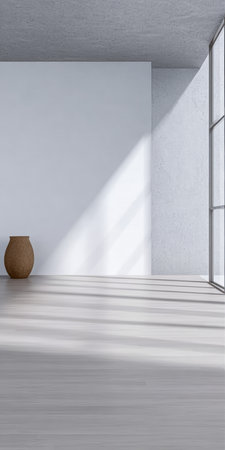 Sunlight streams through large windows, illuminating a spacious, minimalist room with a clay vase on the floor. The shadows create a calming atmosphere in the afternoon light.の素材