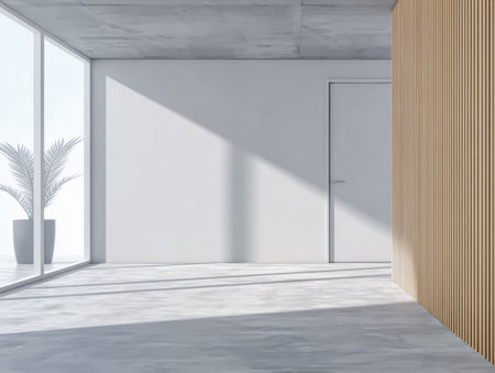 A bright and serene room features large windows allowing sunlight to stream in, illuminating the smooth concrete floor and wooden accents.の素材