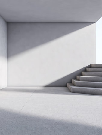 A modern, minimalist interior with smooth concrete steps leading to an unseen upstairs area. Natural light streams through a large opening, enhancing the simplicity.の素材