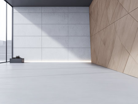 A spacious room features a mix of concrete and wooden walls with a bright atmosphere. Soft light casts shadows on the floor, emphasizing the clean design and simplicity of the space.の素材