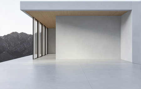 A spacious, modern architectural interior features large windows offering a clear view of distant mountains. The minimalist design is accentuated by clean lines and natural light.の素材