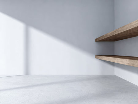 Bright and spacious room features wooden shelves along the walls. Sunlight streams in, casting shadows, while the concrete floor adds a minimalistic touch.の素材