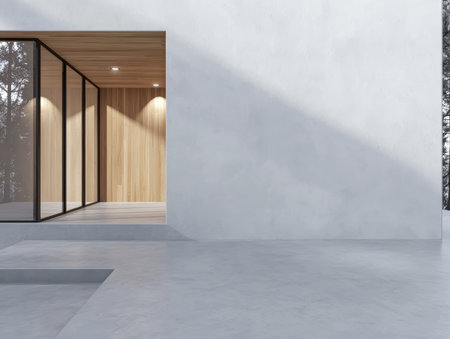 This setting showcases a modern architectural design with clean lines and large glass windows. The outdoor area features smooth surfaces and a serene atmosphere, perfect for relaxation.の素材