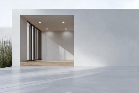 Bright room with large windows and wooden flooring showcases a modern design. The space is simple and inviting, perfect for creative activities or relaxation.の素材