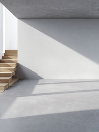 Sunlight streams through a minimalist interior, illuminating wooden stairs that ascend to a bright, open area with sleek walls and polished flooring.の素材