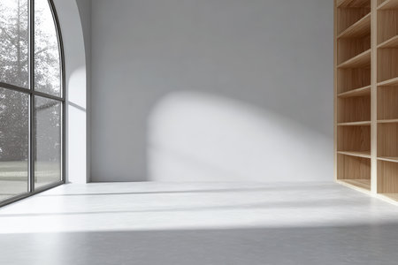 A bright, spacious room features large windows allowing natural light to fill the space. A wooden bookshelf stands against the wall, creating a warm atmosphere in a serene environment.の素材