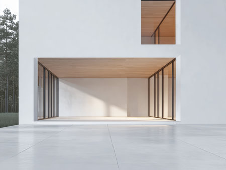 A contemporary building showcases expansive glass windows and a clean interior. The open space invites natural light, providing a calm atmosphere near greenery.の素材