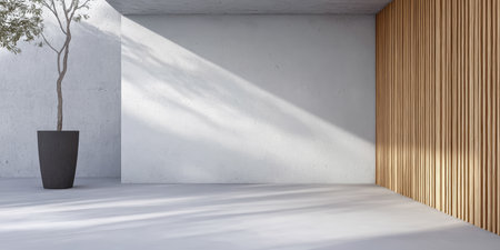 A spacious room features minimalist architecture with a large wall of wood slats and a potted tree. Natural light streams in, creating a calm and inviting atmosphere.の素材
