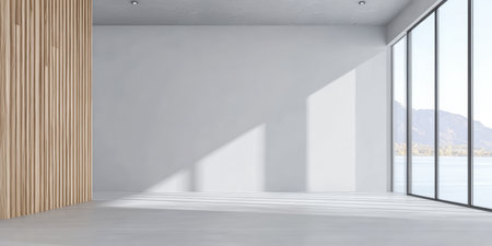 A bright, spacious interior features large glass windows that provide stunning views of mountains. The minimalistic design highlights clean lines and ample natural light.の素材