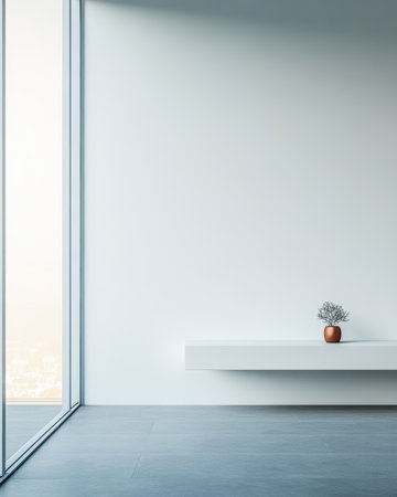 A bright and airy room showcases minimalist design elements with a sleek shelf holding a small plant. Large windows invite natural light, enhancing the peaceful ambiance.の素材