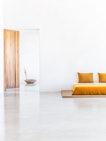 A sleek bedroom showcases a simple bed with orange pillows against a white wall. Natural light floods the space, creating a calm and inviting atmosphere perfect for relaxation.の素材