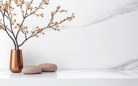 A stylish vase filled with dried branches rests on a sleek marble table. Smooth stones complement the clean lines and contemporary design of the scene in a bright space.の素材