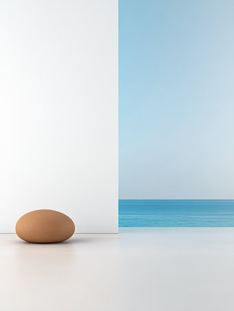 A brown egg sits alone on a smooth surface, leaning against a white wall. In the background, a calm blue ocean stretches into the horizon under a clear sky, creating a serene atmosphere.の素材