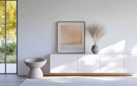 A minimalist living space showcases a simple cabinet with a framed artwork, a vase with dried plants, and large windows letting in natural light. The calm atmosphere emphasizes modern design.の素材