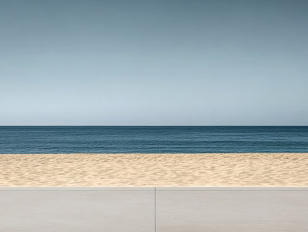 Golden sand stretches along the beach, meeting a tranquil blue ocean. A clear sky above enhances the peaceful atmosphere, perfect for relaxation or contemplation.の素材