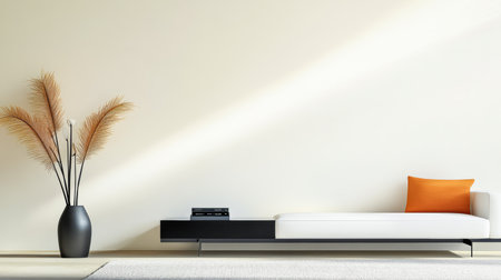 A stylish living room showcases a sleek white couch adorned with an orange cushion. Next to it stands a tall black vase with decorative plants, creating a cozy atmosphere.の素材