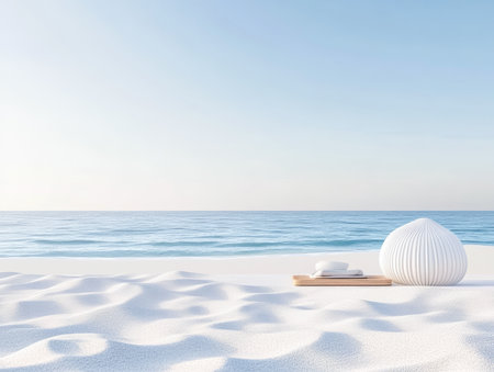 Gentle waves lap at the shore in a tranquil beach setting. Soft white sand stretches out, with a decorative shell and smooth stones placed on a wooden tray, creating a peaceful atmosphere.の素材