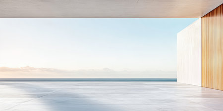 A spacious outdoor area features sleek lines and minimal design, providing a stunning view of the tranquil sea and a pastel sky at sunset, creating a peaceful atmosphere.の素材