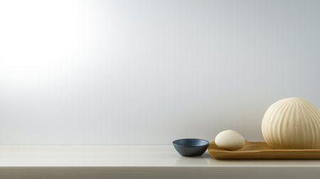 A serene arrangement features a large textured ceramic sphere, a smooth small stone, and a dark bowl. Soft natural light enhances the simplicity and elegance of the scene.の素材