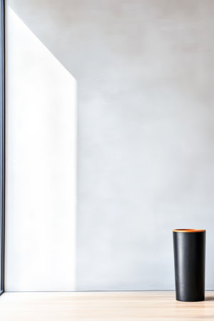 A sleek black vase stands alone on a light wooden floor, illuminated by soft sunlight streaming through a large window. The minimalist setting emphasizes calmness and simplicity.の素材