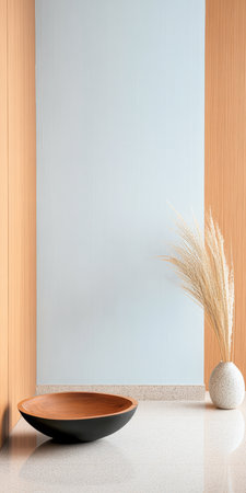 In a contemporary room, a large black bowl sits beside a smooth vase containing dry plants against a light blue wall. The warm wooden panel adds a cozy feel to the setting.の素材