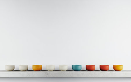 A series of colorful ceramic cups are displayed on a minimalist shelf. The cups are various shades, creating a vibrant contrast against the white wall, showcasing modern aesthetics.の素材