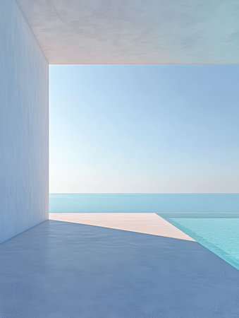 A serene ocean view is framed by a minimalist architectural design featuring white walls and clean lines. The scene is bright with calm water reflecting the clear sky.の素材