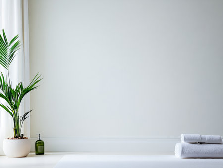 Soft light fills a serene spa room featuring a small green plant, neatly folded towels, and calming decor. This tranquil space invites relaxation and wellness.の素材