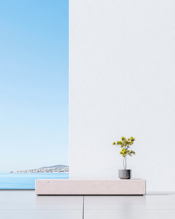 A minimalist indoor space features a potted plant sitting on a sleek surface next to a large window. The serene seascape complements the bright, fresh vibe of the room.の素材