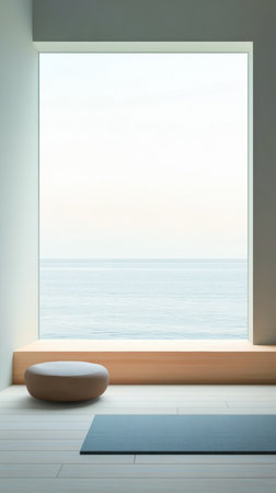 A tranquil corner showcases a simple round cushion and a yoga mat, framed by a large window revealing serene ocean waves at dusk. The space invites relaxation and mindfulness.の素材