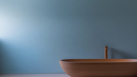 A sleek wooden bathtub is placed against a calming blue wall in a minimalistic bathroom. Soft light enters from the left, enhancing the tranquil atmosphere of the space.の素材