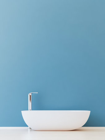 A sleek white bathtub is placed on a wooden floor in a simple bathroom. The light blue wall adds a calming touch to the modern design, creating a serene atmosphere.の素材