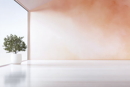 A spacious room features large windows with natural light flowing in. A single indoor plant in a white pot adds a touch of greenery against the minimalist backdrop.の素材