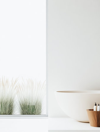 A modern bathroom features a large bowl sink on a white countertop. Sunlight streams through a window, illuminating potted grass outside. The setting is peaceful and uncluttered.の素材
