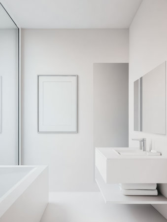 Bright and spacious modern bathroom showcases minimalist design with white walls, a large mirror, and stylish fixtures. A clean, uncluttered space perfect for relaxation and freshness.の素材