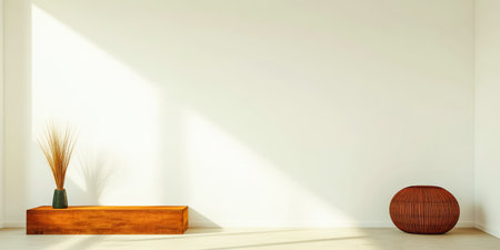 A bright room with a plain white wall features a wooden bench and a tall decorative plant. Natural light creates soft shadows, enhancing the minimalist aesthetic.の素材