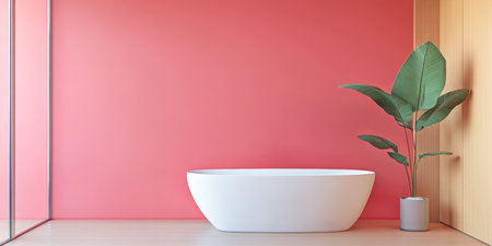 This stylish bathroom features a sleek freestanding tub against a vibrant pink wall. A tall green plant adds a touch of nature, enhancing the contemporary aesthetic.の素材