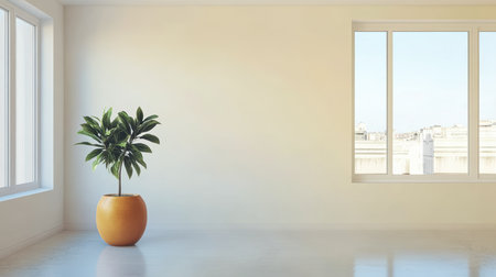 This spacious room features large windows allowing natural light to fill the space. A green plant in a round pot adds a touch of nature, creating a calm atmosphere.の素材