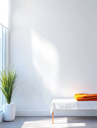 A modern room is filled with natural light from large windows. A green plant sits next to a simple bench with neatly stacked orange towels, creating a calming atmosphere.の素材