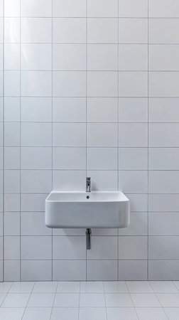 A sleek, white sink is installed on a tiled wall, creating a clean and modern look in a minimalistic bathroom. The space feels open and well-organized.の素材