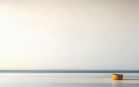 A simple yellow circular object sits alone on a smooth surface in a softly lit space. The minimalist environment emphasizes calmness and modern design, creating a serene atmosphere.の素材