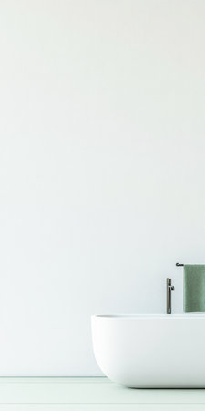 A sleek white bathtub sits against a plain wall in a modern bathroom, complemented by a soft green towel nearby. This space invites relaxation and tranquility.の素材
