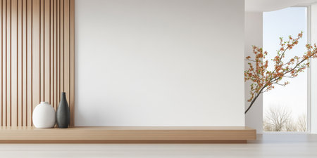 Bright room features a minimalist design with wooden wall panels, two elegant vases, and a delicate branch by the window, creating a serene atmosphere.の素材