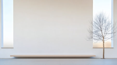 A minimalist interior showcases a dry tree positioned next to bright windows. A simple wooden shelf runs along the wall, enhancing the clean design of the room.の素材