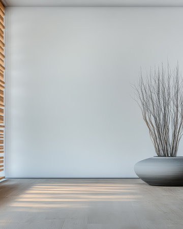 This interior showcases a minimalistic design with a large vase filled with dry branches. Sunlight streams through wooden blinds, creating soft patterns on the floor.の素材