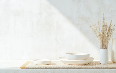 A simple yet elegant table display features white bowls, a small dish, and a vase with dried flowers. Natural light casts soft shadows on the neutral backdrop, enhancing the serene atmosphere.の素材