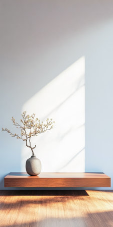 Light fills a modern room, highlighting a sleek wooden shelf. A carefully arranged potted plant rests on the shelf, adding a touch of nature to the minimalistic decor.の素材