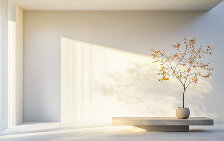 Bright sunlight illuminates a modern room where a small tree stands in a vase on a tabletop. The walls are bare and light, creating a serene atmosphere.の素材