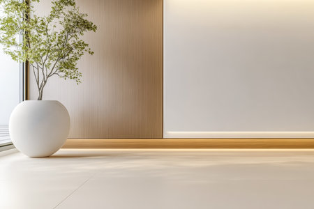 A clean and spacious room showcases a large white planter with a leafy plant. Natural light floods in through large windows, highlighting the minimalist design and soft colors.の素材